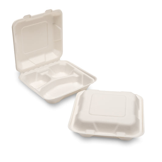 8" x 8" White Moulded Fibre Three Compartment Clamshell Box