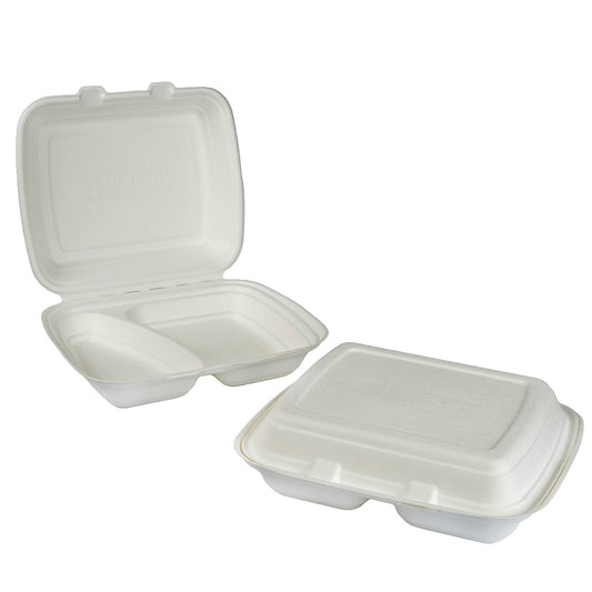 9" x 9"  White Moulded Fibre Clamshell Two Compartments Box