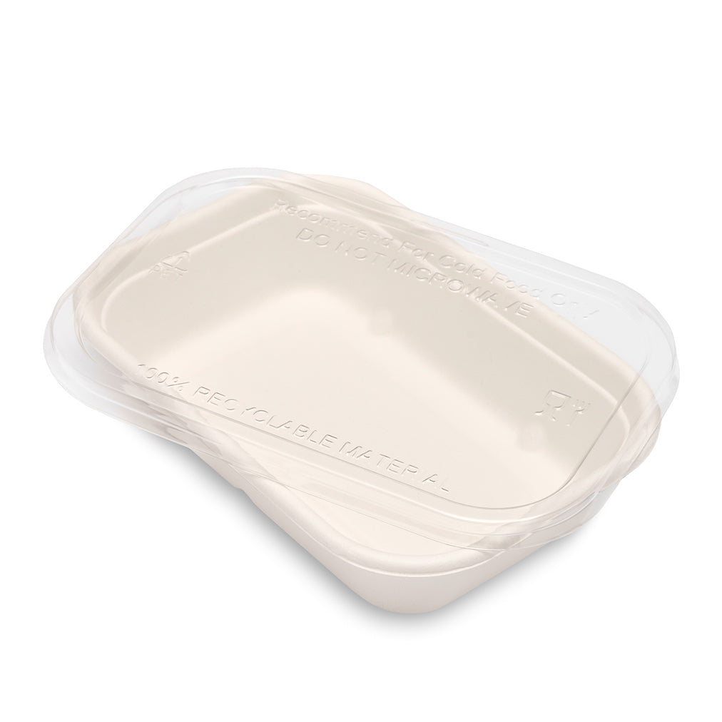 Bagasse Container & Lid (178 × 123 × 38mm – 500ml / 17oz) White/Clear – 250 Containers + Lids
