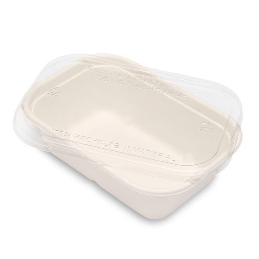 Bagasse Container & Lid (178 × 123 × 52mm – 650ml / 22oz) White/Clear – 250 Containers + Lids