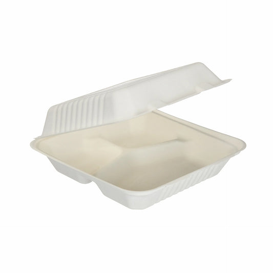 9" x 9" White Moulded Fibre Three Compartment Clamshell Box