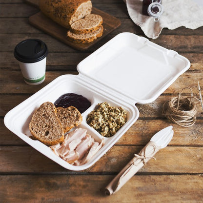 Vegware 9″ 3-Compartment Bagasse Lunchbox – 200 Boxes